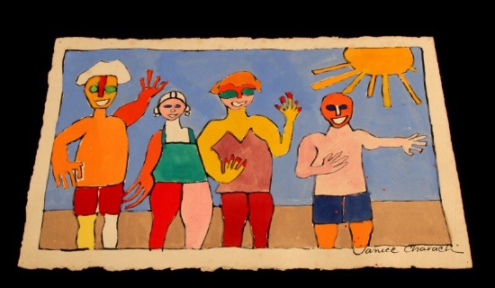 JANICE CHARACH FRIENDS ON THE BEACH PAINTING