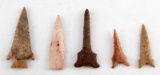 LOT OF 5 ARROWHEAD POINTS DRILLS DIFFERENT STONE