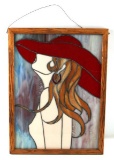STAIN GLASS WALL HANGING OF NUDE WOMAN IN RED HAT
