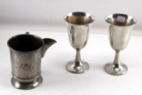 EARLY PEWTER MATCHING GOBLETS AND PINT MUG PITCHER
