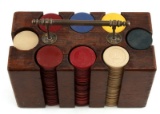 ANTIQUE POKER CHIPS SET WITH WOOD CARRIER