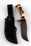 DAMASCUS STEEL STAG HANDLE HUNTING KNIFE
