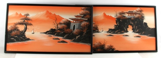 TRADITIONAL JAPANESE LANDSCAPE DIPTYCH PAINTING