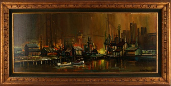 MID CENTURY WATERFRONT CITYSCAPE OIL PAINTING