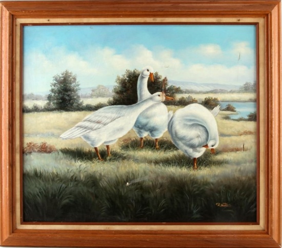 R MONTES OIL ON CANVAS PAINTING OF DUCKS