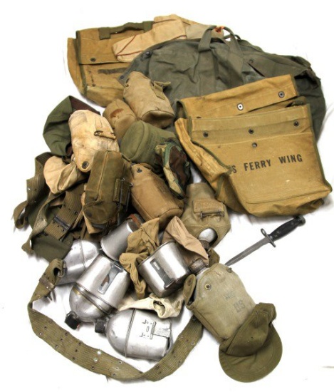 US ARMY WWII CLOTHING HEADWEAR AND GEAR LOT