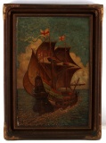 ENGLISH CARAVEL SAILING SHIP ANTIQUE OIL PAINTING