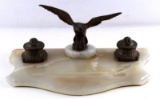 BRASS AND MARBLE EAGLE MOUNTED DOUBLE INK WELL