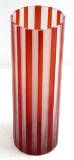 VINTAGE STRIPED RED & WHITE ART GLASS VASE SIGNED