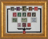 FRAMED 16 GERMAN WWII STAMP LOT W ORIGINAL ART