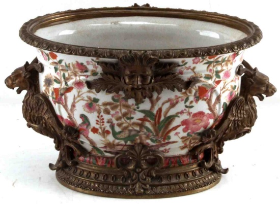 ANTIQUE PORCELAIN AND BRASS TUREEN