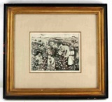 COTTON PICKING SCENE LITHOGRAPH IN FRAME VINTAGE