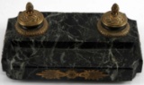 19TH CENTURY GREEN MARBLE DOUBLE INKWELL BRASS