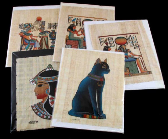 LOT OF 5 HANDMADE EGYPTIAN PAPYRUS PAINTINGS NAMED
