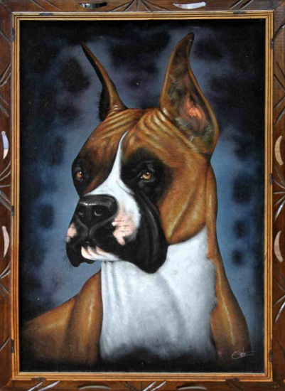 VINTAGE VELVET PAINTING OF BOXER DOG BY ORTIZ