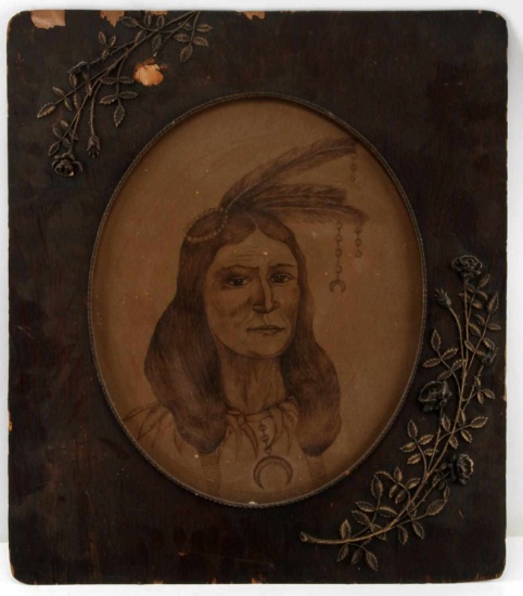 PENCIL ON PAPER NATIVE AMERICAN DRAWING WOOD FRAME
