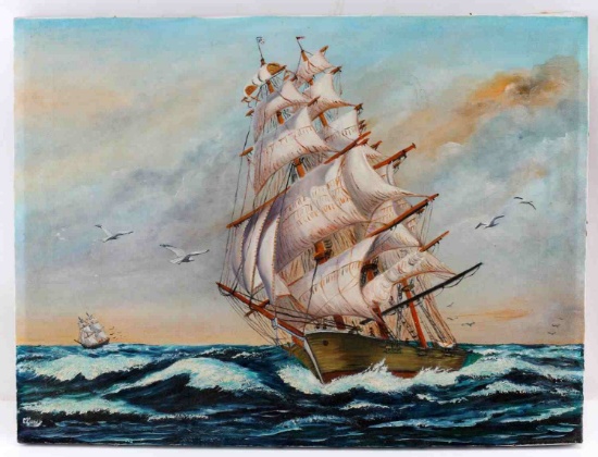 UNFRAMED OIL ON CANVAS SHIP AT SEA  WATERSCAPE