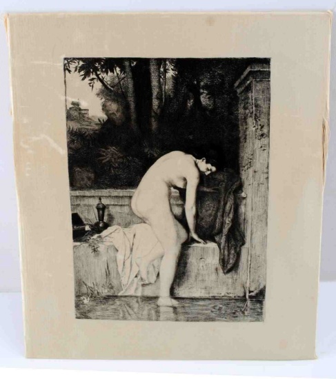 ANTIQUE SCENE INK PRINTED ON SILK NUDE WOMAN BATHE