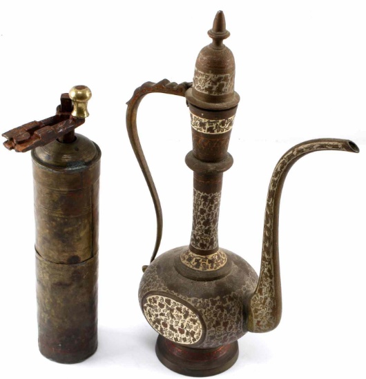 TURKISH ENAMELED ETCHED COFFEE POT & COFFEE MILL