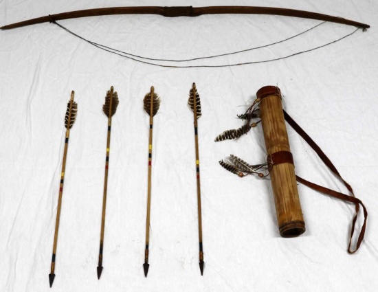LOT OF LONG BOW & FOUR ARROWS W DECORATED QUIVER