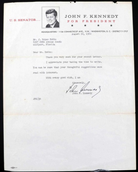 SENATOR LETTERHEAD JOHN F KENNEDY SIGNED LETTER