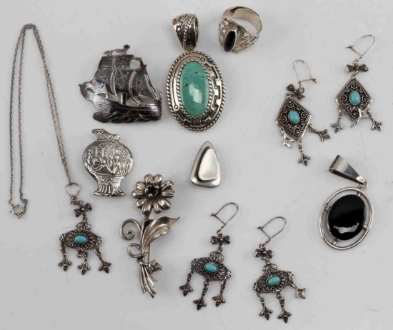 12 PIECES STERLING SILVER COSTUME TURQUOISE SIAM