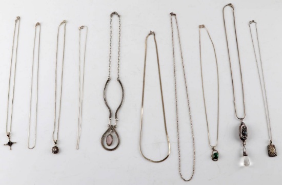 10 PIECE LOT STERLING SILVER NECKLACES & PENDANTS