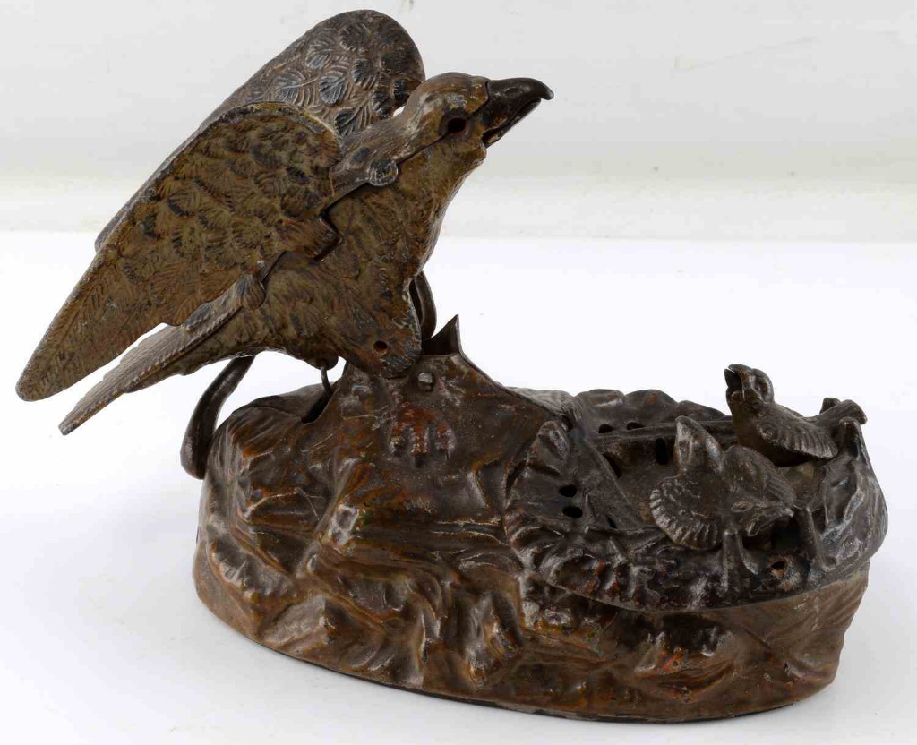 1883 J.E. STEVENS MECHANICAL EAGLE NEST IRON BANK