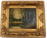 FRAMED OIL ON CANVAS LANDSCAPE BIRCH TREES AUTUMN