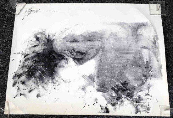 SIGNED LARGE STYLISTIC BLACK WHITE PRINT OF WOMAN