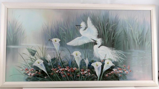 OIL ON CANVAS WATERSCAPE PAINTING EGRETS FLOWERS