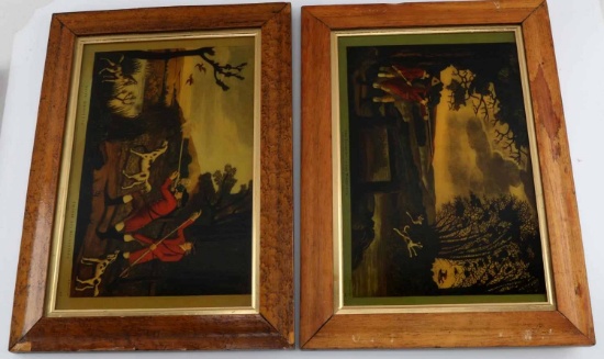 TWO ENGLISH FRAMED PAINTED GLASS HUNTING SCENES