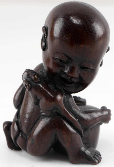 SIGNED NETSUKE BOXWOOD FIGURE BOY W MOUSE