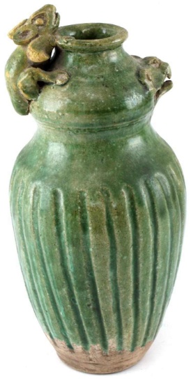 ANTIQUE OWL & LIZARD GREEN POTTERY VASE