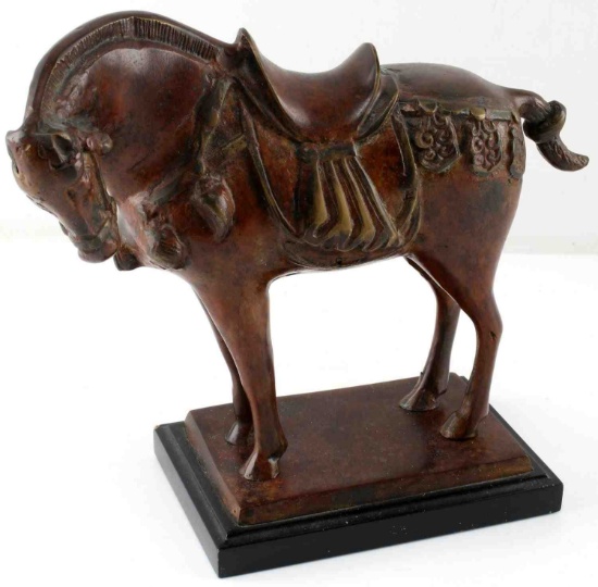 CAST BRONZE STATUE OF ASIAN HORSE ON PEDESTAL