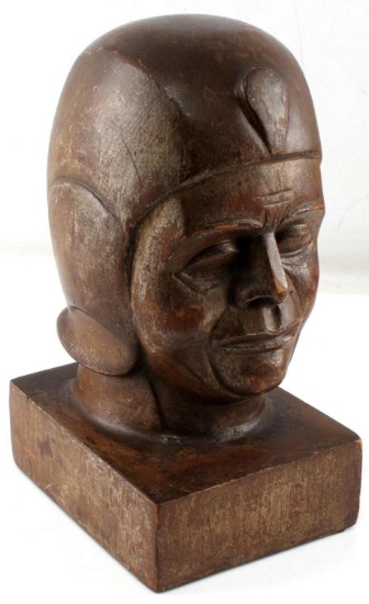 MAN IN SKULL CAP OR HELMET WOOD 12 INCH SCULPTURE