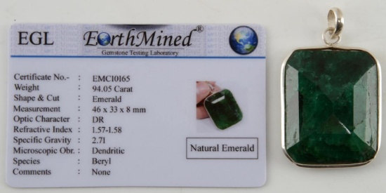 94.05 TCW LARGE EMERALD PENDANT IN SILVER OVERLAY