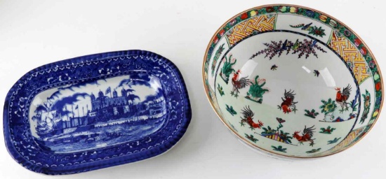 LUTON WARE FLOW BLUE TRAY & ASIAN COCK THEMED BOWL
