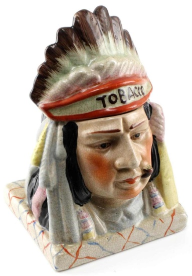 ANTIQUE INDIAN HEAD TOBACCO JAR HUMIDOR