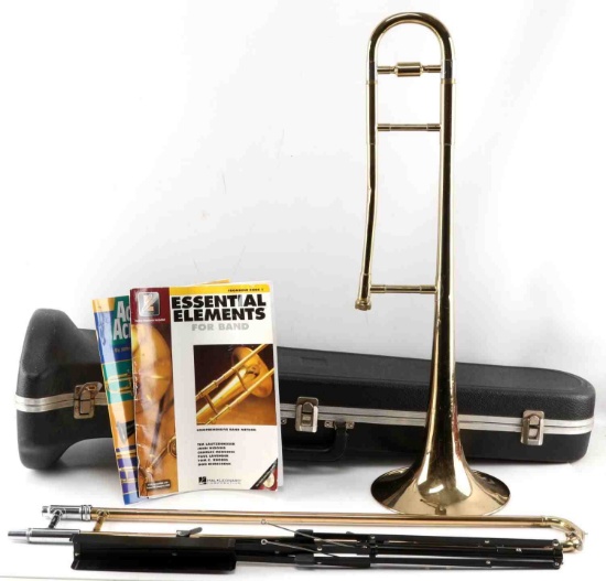 BRASS SLIDE TROMBONE W CASE MUSIC STAND & BOOKS