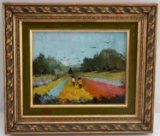 DEE SUDBURY OIL ON CANVAS COLORFUL FIELD & WORKERS