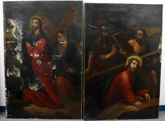 TWO OIL ON CANVAS STATIONS OF THE CROSS PAINTINGS