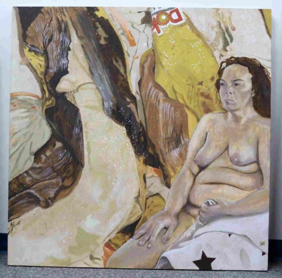 OIL ON WOOD ABSTRACT PAINTING OF NUDE WOMAN