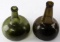 TWO ONION SKIN GREEN MALLET OPEN PONTIL BOTTLES