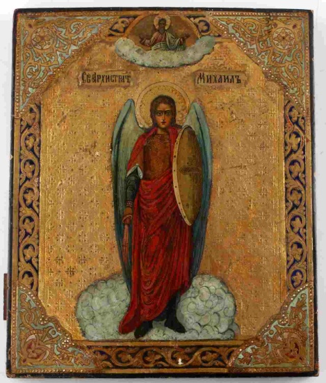 ANTIQUE 19TH CENTURY GILDED ICON OF ST. MICHAEL
