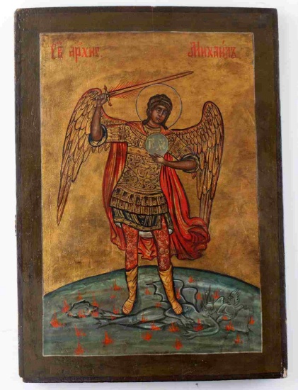 ANTIQUE 19TH CENTURY RUSSIAN ICON OF MICHAEL