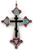 19TH C RUSSIAN 84 SILVER ENAMEL CROSS W GREEN RED