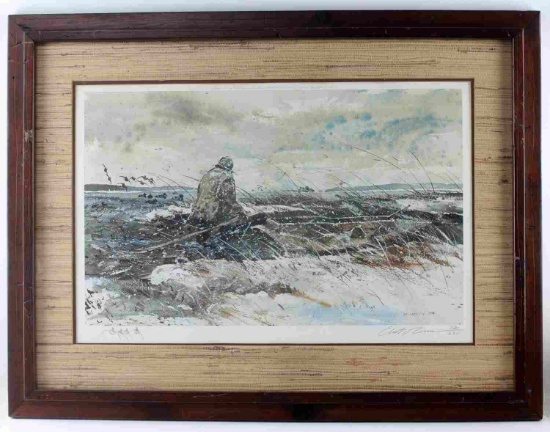 SIGNED CHET RENESON WINTER FISHING SCENE PRINT