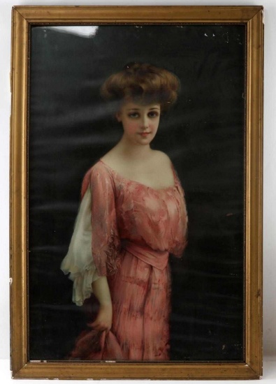 FRAMED PRINT OF YOUNG WOMAN WEARING PINK DRESS