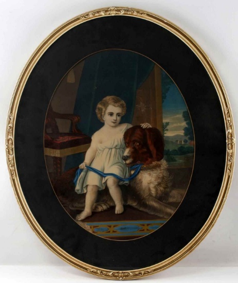 FRAMED LITHOGRAPH OF SMALL CHILD WITH DOG